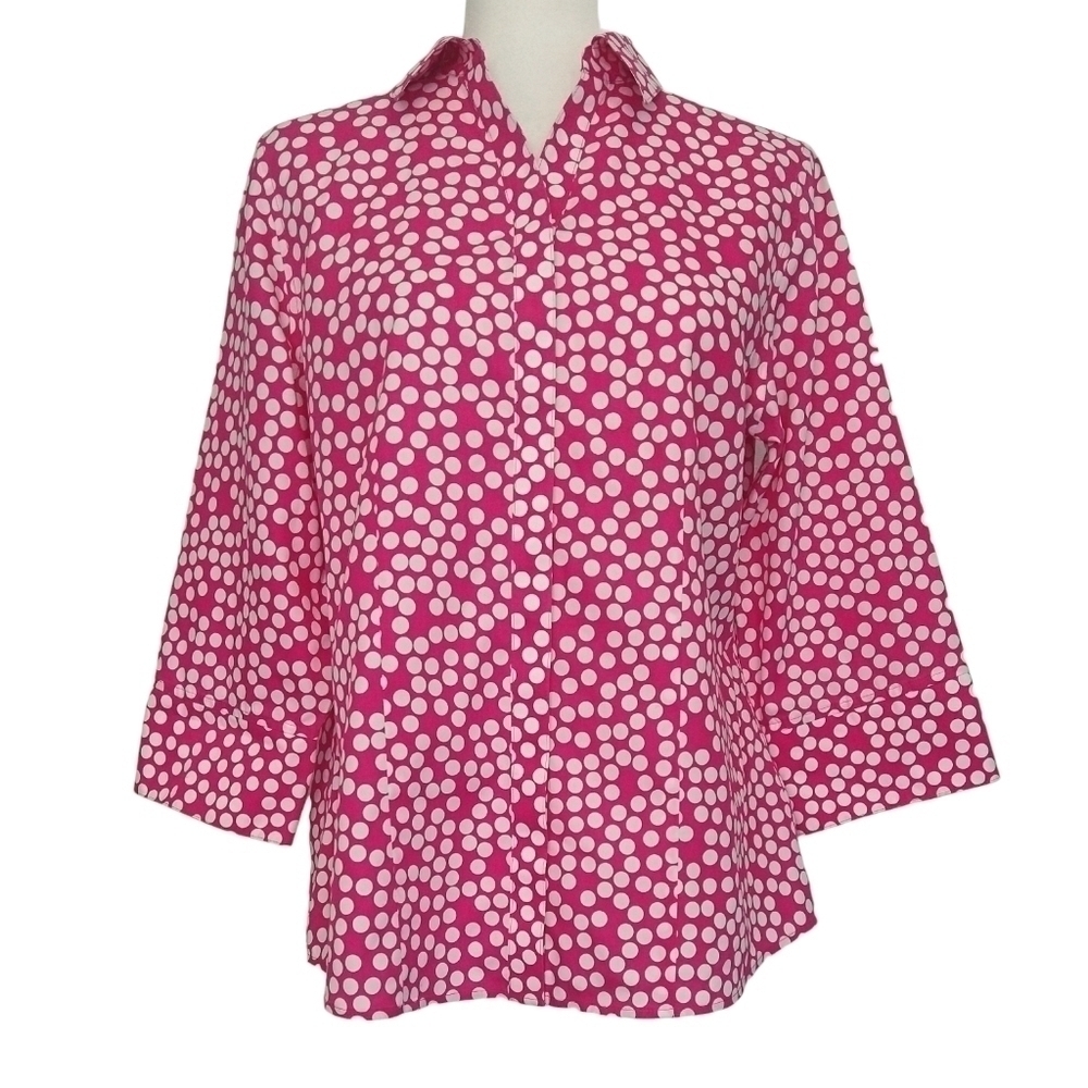 Chico's 100% Cotton No-Iron Pink White Polka Dot Button-Up Shirt Barbiecore